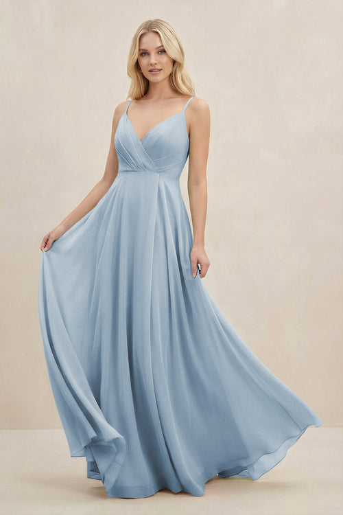 A-Line Spaghetti Strap Chiffon Bridesmaid Dress in Dusty Blue - KissProm BRIDESMAID DRESSES