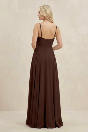 A-Line Spaghetti Strap Chiffon Bridesmaid Dress in Espresso - KissProm BRIDESMAID DRESSES