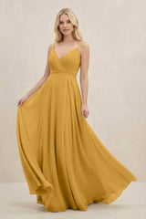 A-Line Spaghetti Strap Chiffon Bridesmaid Dress in Marigold - KissProm BRIDESMAID DRESSES