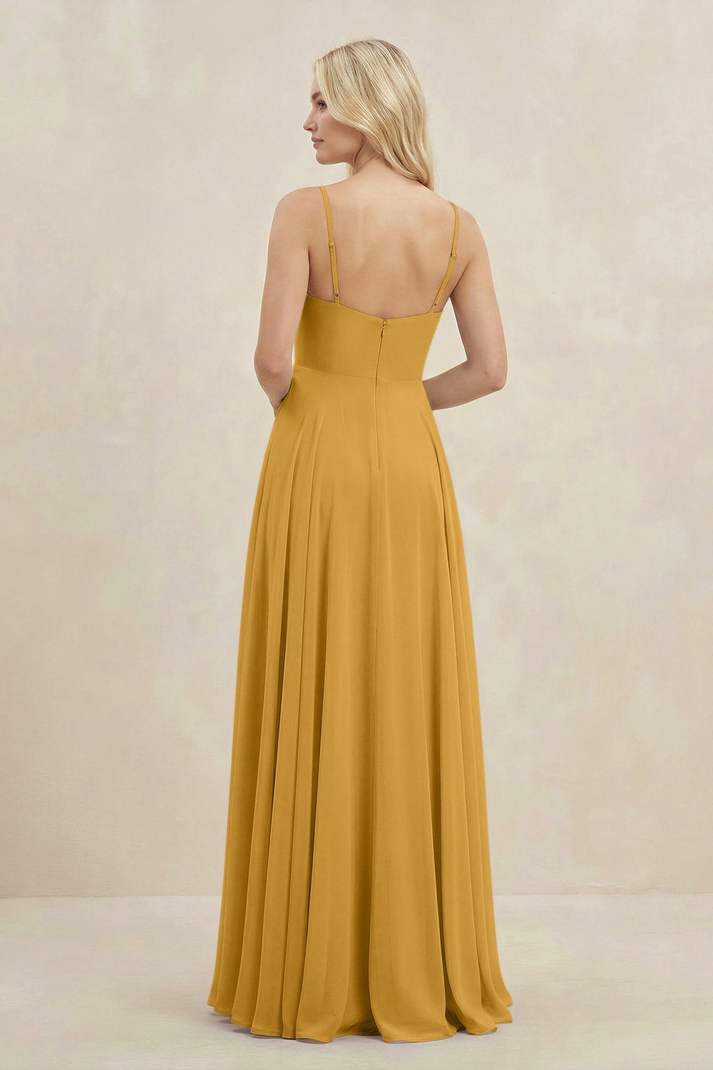 A-Line Spaghetti Strap Chiffon Bridesmaid Dress in Marigold - KissProm BRIDESMAID DRESSES