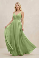 A-Line Spaghetti Strap Chiffon Bridesmaid Dress in Matcha - KissProm BRIDESMAID DRESSES