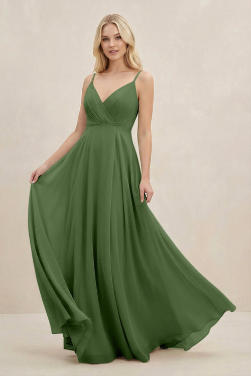 A-Line Spaghetti Strap Chiffon Bridesmaid Dress in Moss - KissProm BRIDESMAID DRESSES