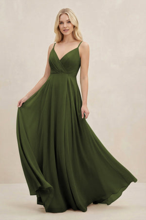 A-Line Spaghetti Strap Chiffon Bridesmaid Dress in Olive - KissProm BRIDESMAID DRESSES