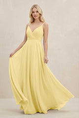 A-Line Spaghetti Strap Chiffon Bridesmaid Dress in Pastel Yellow - KissProm BRIDESMAID DRESSES
