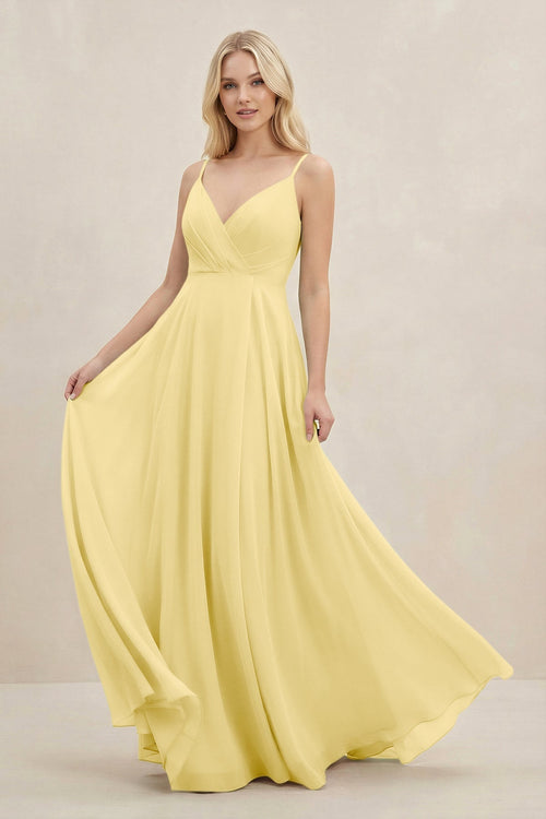 A-Line Spaghetti Strap Chiffon Bridesmaid Dress in Pastel Yellow - KissProm BRIDESMAID DRESSES