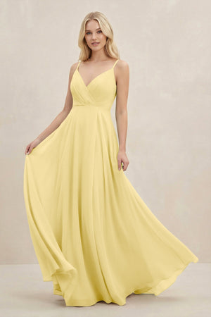 A-Line Spaghetti Strap Chiffon Bridesmaid Dress in Pastel Yellow - KissProm BRIDESMAID DRESSES
