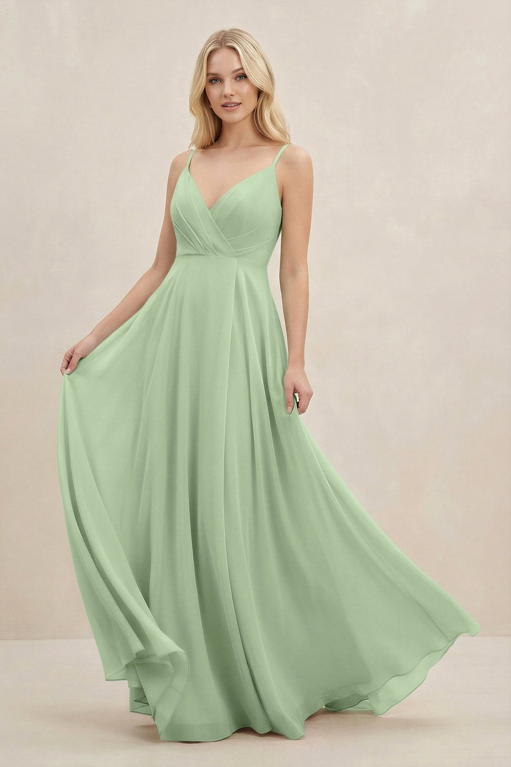 A-Line Spaghetti Strap Chiffon Bridesmaid Dress in Sage - KissProm BRIDESMAID DRESSES