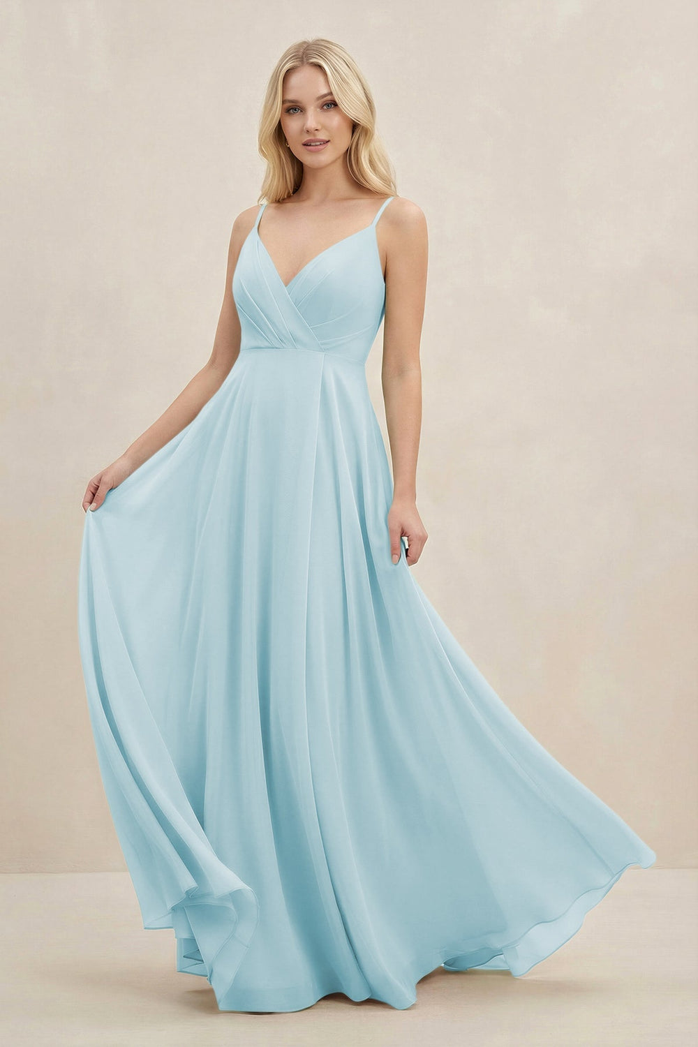 A-Line Spaghetti Strap Chiffon Bridesmaid Dress in Sky Blue - KissProm BRIDESMAID DRESSES