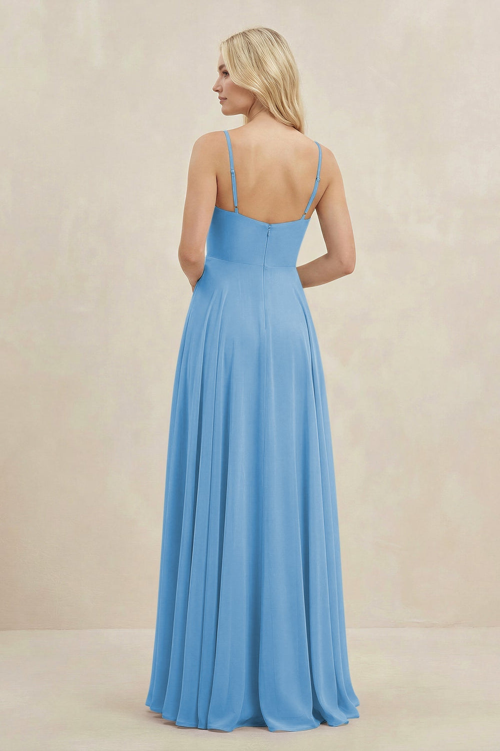 A-Line Spaghetti Strap Chiffon Bridesmaid Dress in Steel Blue - KissProm BRIDESMAID DRESSES