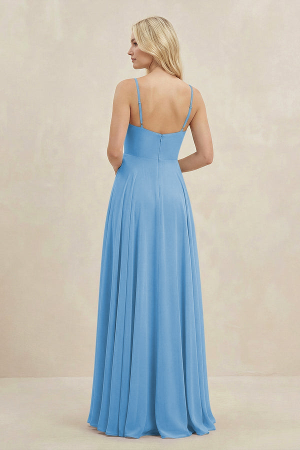 A-Line Spaghetti Strap Chiffon Bridesmaid Dress in Steel Blue - KissProm BRIDESMAID DRESSES