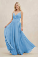 A-Line Spaghetti Strap Chiffon Bridesmaid Dress in Steel Blue - KissProm BRIDESMAID DRESSES