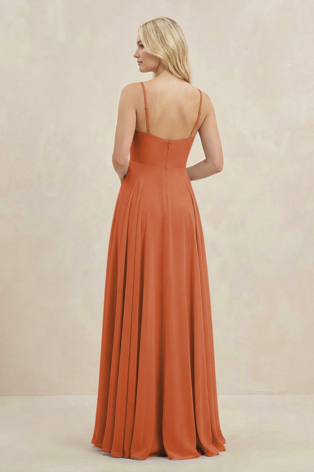 A-Line Spaghetti Strap Chiffon Bridesmaid Dress in Terracotta - KissProm BRIDESMAID DRESSES
