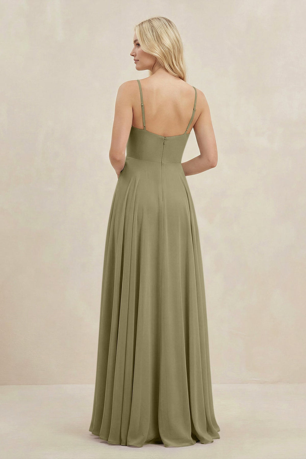 A-Line Spaghetti Strap Chiffon Bridesmaid Dress in Thyme - KissProm BRIDESMAID DRESSES