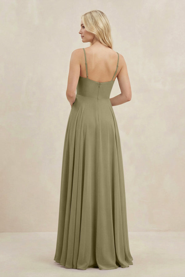 A-Line Spaghetti Strap Chiffon Bridesmaid Dress in Thyme - KissProm BRIDESMAID DRESSES