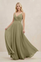 A-Line Spaghetti Strap Chiffon Bridesmaid Dress in Thyme - KissProm BRIDESMAID DRESSES