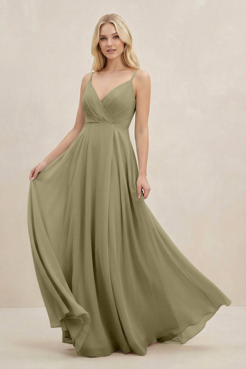 A-Line Spaghetti Strap Chiffon Bridesmaid Dress in Thyme - KissProm BRIDESMAID DRESSES