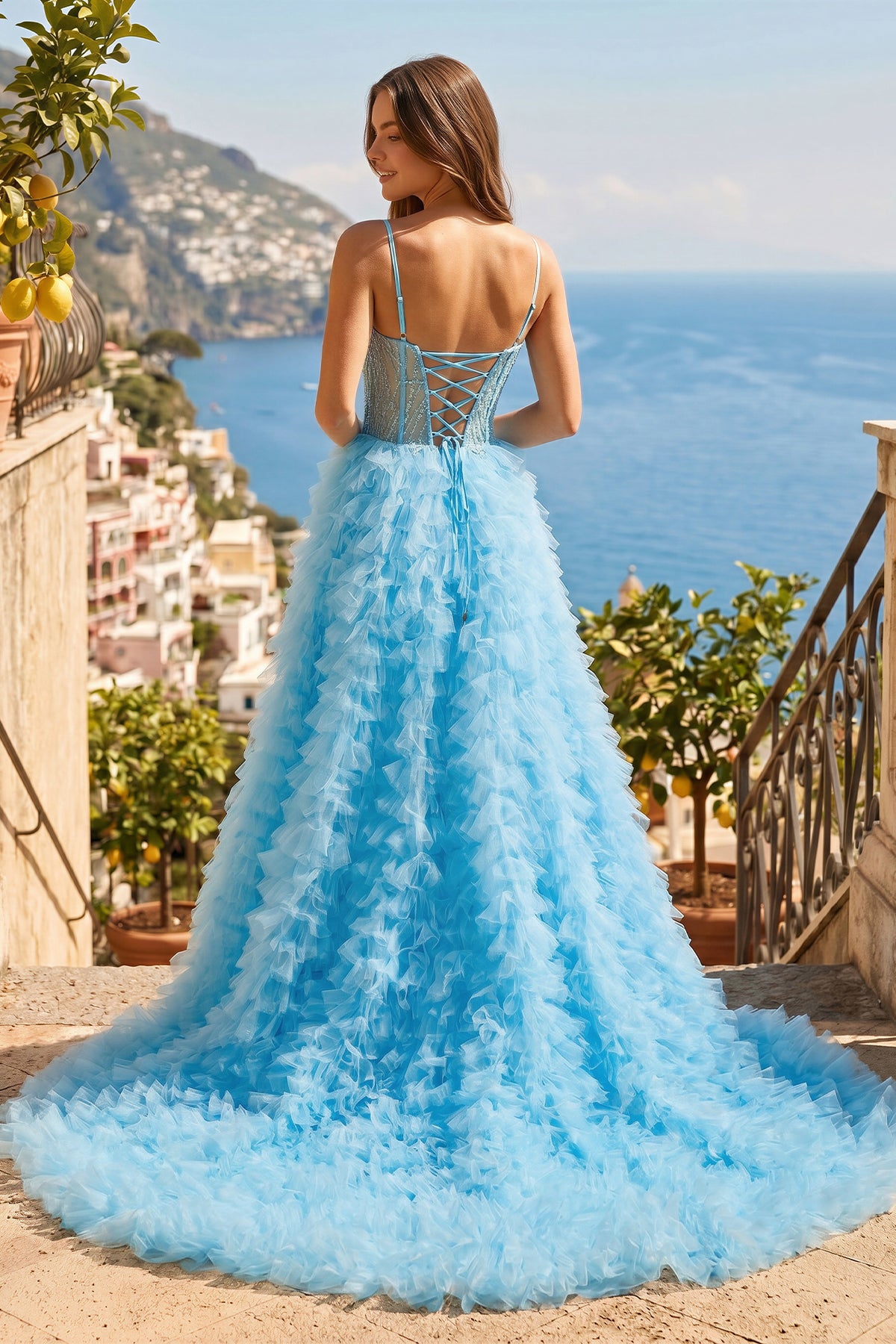 KissProm A Line Spaghetti Straps Corset Ruffled Prom Dress, Blue / 2