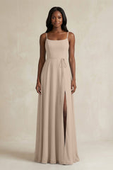 A-Line Spaghetti Straps Chiffon Bridesmaid Dress in Almond - KissProm BRIDESMAID DRESSES
