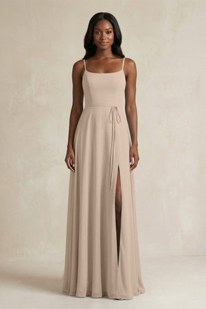 A-Line Spaghetti Straps Chiffon Bridesmaid Dress in Almond - KissProm BRIDESMAID DRESSES