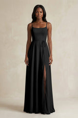 A-Line Spaghetti Straps Chiffon Bridesmaid Dress in Black - KissProm BRIDESMAID DRESSES
