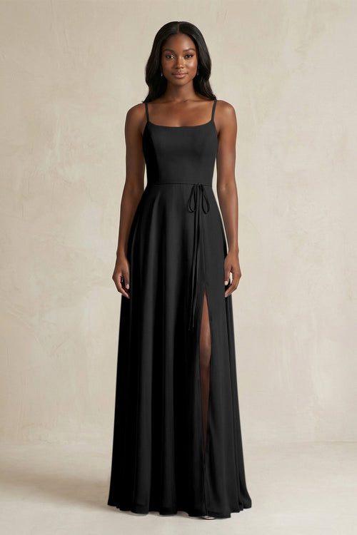 A-Line Spaghetti Straps Chiffon Bridesmaid Dress in Black - KissProm BRIDESMAID DRESSES