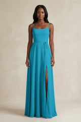 A-Line Spaghetti Straps Chiffon Bridesmaid Dress in Blue Jay - KissProm BRIDESMAID DRESSES