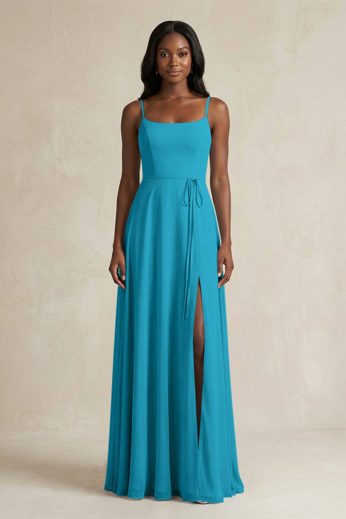 A-Line Spaghetti Straps Chiffon Bridesmaid Dress in Blue Jay - KissProm BRIDESMAID DRESSES