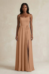 A-Line Spaghetti Straps Chiffon Bridesmaid Dress in Bronzer - KissProm BRIDESMAID DRESSES