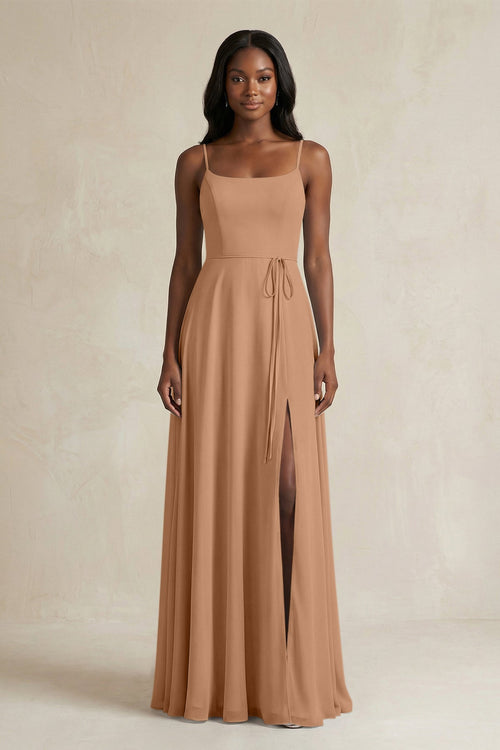 A-Line Spaghetti Straps Chiffon Bridesmaid Dress in Bronzer - KissProm BRIDESMAID DRESSES