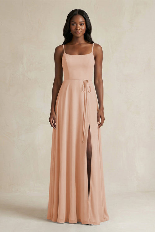 A-Line Spaghetti Straps Chiffon Bridesmaid Dress in Champagne Rose - KissProm BRIDESMAID DRESSES