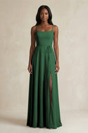 A-Line Spaghetti Straps Chiffon Bridesmaid Dress in Dark Green - KissProm BRIDESMAID DRESSES