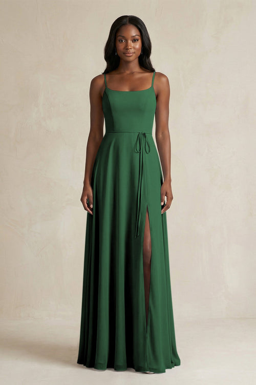A-Line Spaghetti Straps Chiffon Bridesmaid Dress in Dark Green - KissProm BRIDESMAID DRESSES