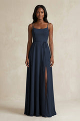 A-Line Spaghetti Straps Chiffon Bridesmaid Dress in Dark Navy - KissProm BRIDESMAID DRESSES