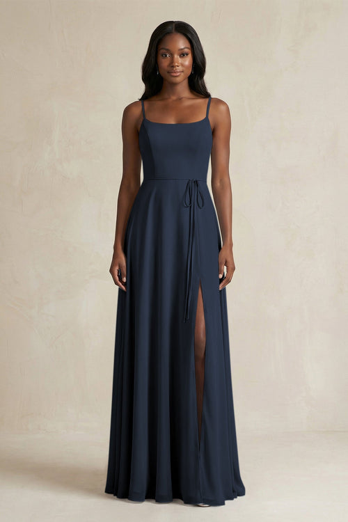 A-Line Spaghetti Straps Chiffon Bridesmaid Dress in Dark Navy - KissProm BRIDESMAID DRESSES