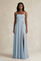 A-Line Spaghetti Straps Chiffon Bridesmaid Dress in Dusty Blue - KissProm BRIDESMAID DRESSES