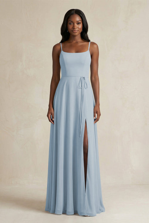 A-Line Spaghetti Straps Chiffon Bridesmaid Dress in Dusty Blue - KissProm BRIDESMAID DRESSES