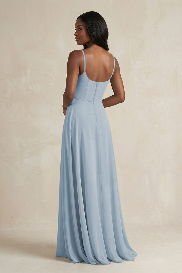 A-Line Spaghetti Straps Chiffon Bridesmaid Dress in Dusty Blue - KissProm BRIDESMAID DRESSES