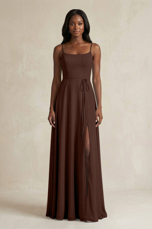A-Line Spaghetti Straps Chiffon Bridesmaid Dress in Espresso - KissProm BRIDESMAID DRESSES