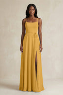 A-Line Spaghetti Straps Chiffon Bridesmaid Dress in Marigold - KissProm BRIDESMAID DRESSES