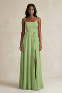 A - Line Spaghetti Straps Chiffon Bridesmaid Dress in Matcha - KissProm Bridesmaid Dresses