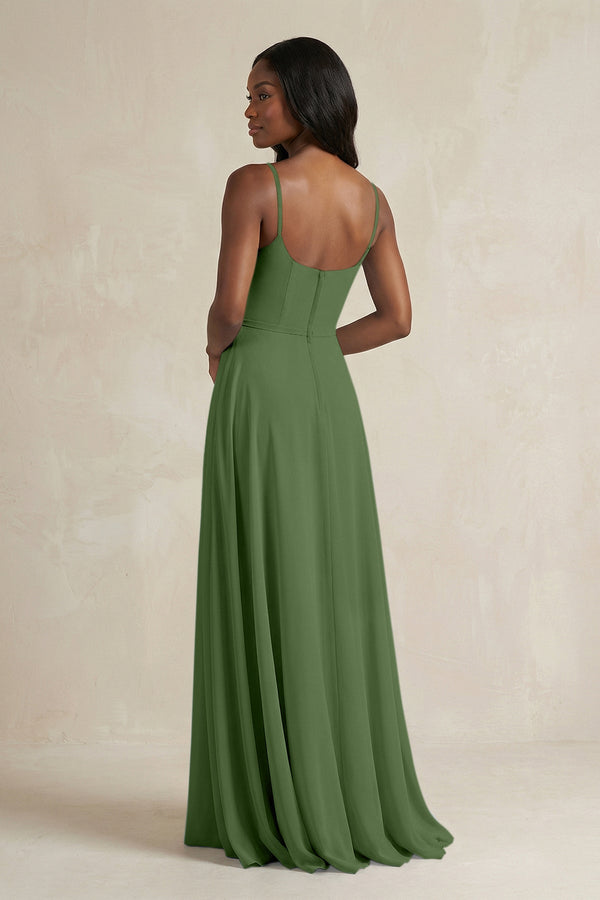 A-Line Spaghetti Straps Chiffon Bridesmaid Dress in Moss - KissProm BRIDESMAID DRESSES