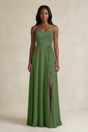 A-Line Spaghetti Straps Chiffon Bridesmaid Dress in Moss - KissProm BRIDESMAID DRESSES