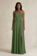 A-Line Spaghetti Straps Chiffon Bridesmaid Dress in Moss - KissProm BRIDESMAID DRESSES