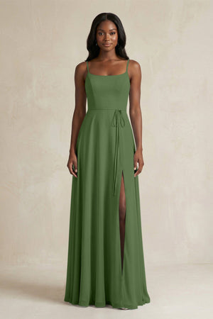 A-Line Spaghetti Straps Chiffon Bridesmaid Dress in Moss - KissProm BRIDESMAID DRESSES