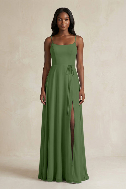 A-Line Spaghetti Straps Chiffon Bridesmaid Dress in Moss - KissProm BRIDESMAID DRESSES
