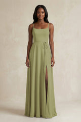 A-Line Spaghetti Straps Chiffon Bridesmaid Dress in Moss Green - KissProm BRIDESMAID DRESSES
