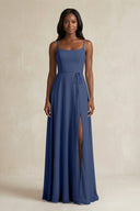 A-Line Spaghetti Straps Chiffon Bridesmaid Dress in Navy - KissProm BRIDESMAID DRESSES