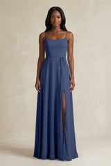 A-Line Spaghetti Straps Chiffon Bridesmaid Dress in Navy - KissProm BRIDESMAID DRESSES