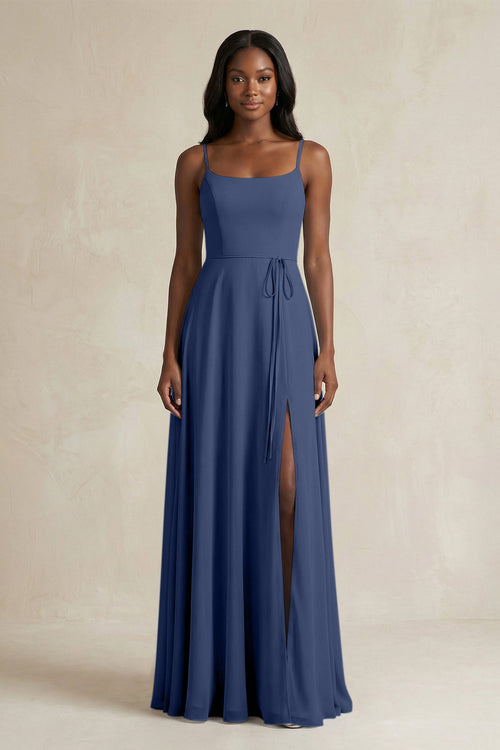 A-Line Spaghetti Straps Chiffon Bridesmaid Dress in Navy - KissProm BRIDESMAID DRESSES