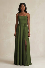 A-Line Spaghetti Straps Chiffon Bridesmaid Dress in Olive - KissProm BRIDESMAID DRESSES